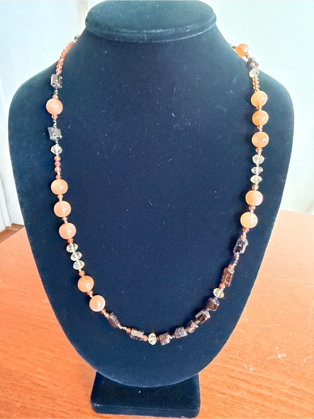 Handmade Artisan Orange & Smoky Brown Mixed Beaded Long Necklace